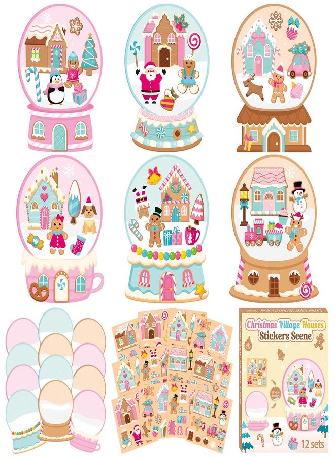 CY2SIDE Christmas Snow Globe House Stickers - 12 Set Christmas Pink Gingerbread Candy House Scene Stickers for School Reward, DIY Crystal Ball Sticker Xmas Winter Party Supplies - Image 1